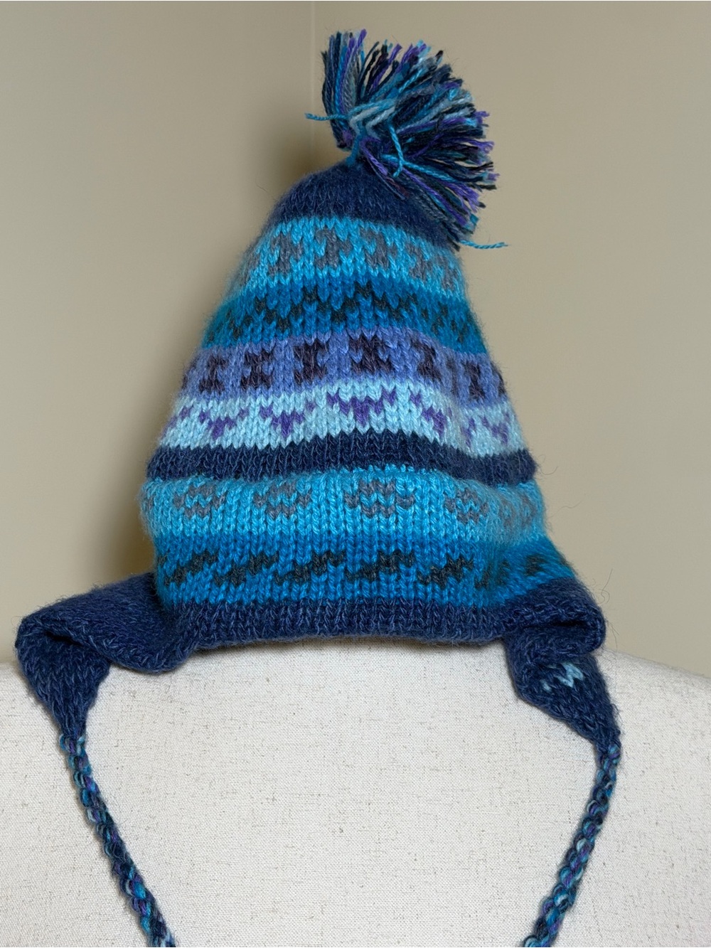 Sanyork 100% Alpaca Ear Flap Pom Pom Knit Hat Fleece Lined Peru Blue Fair Isle